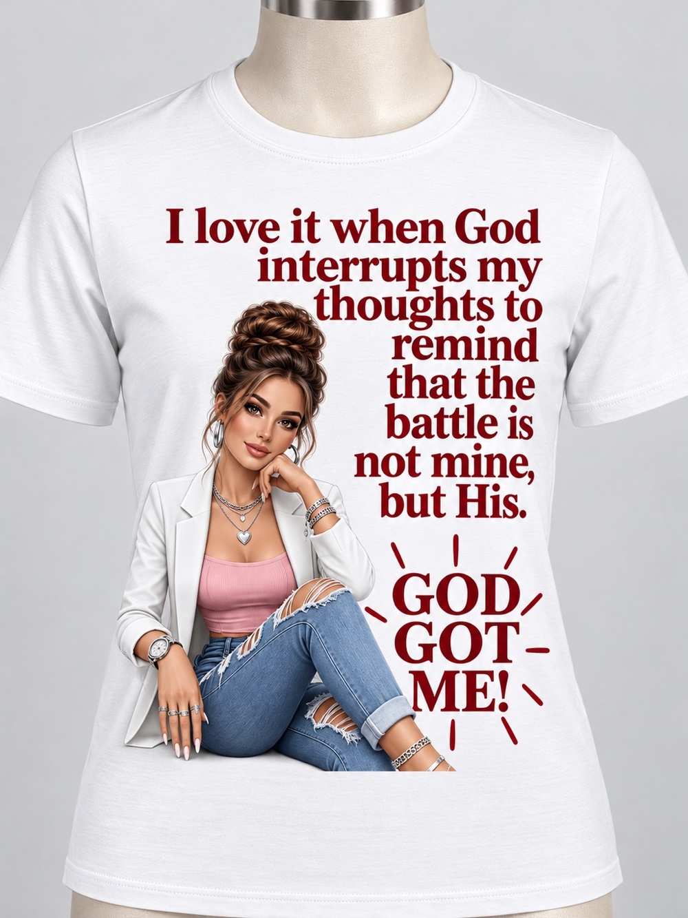 Gildan White Tee with Pink Accent and Red Faith Graphic